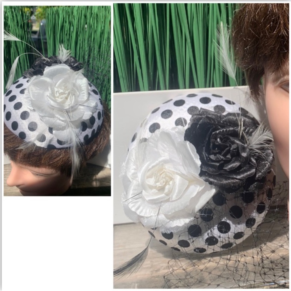 ⭐️ Fascinator - BRITISH Polka dot with Black and White Flowers EUC - Picture 2 of 16